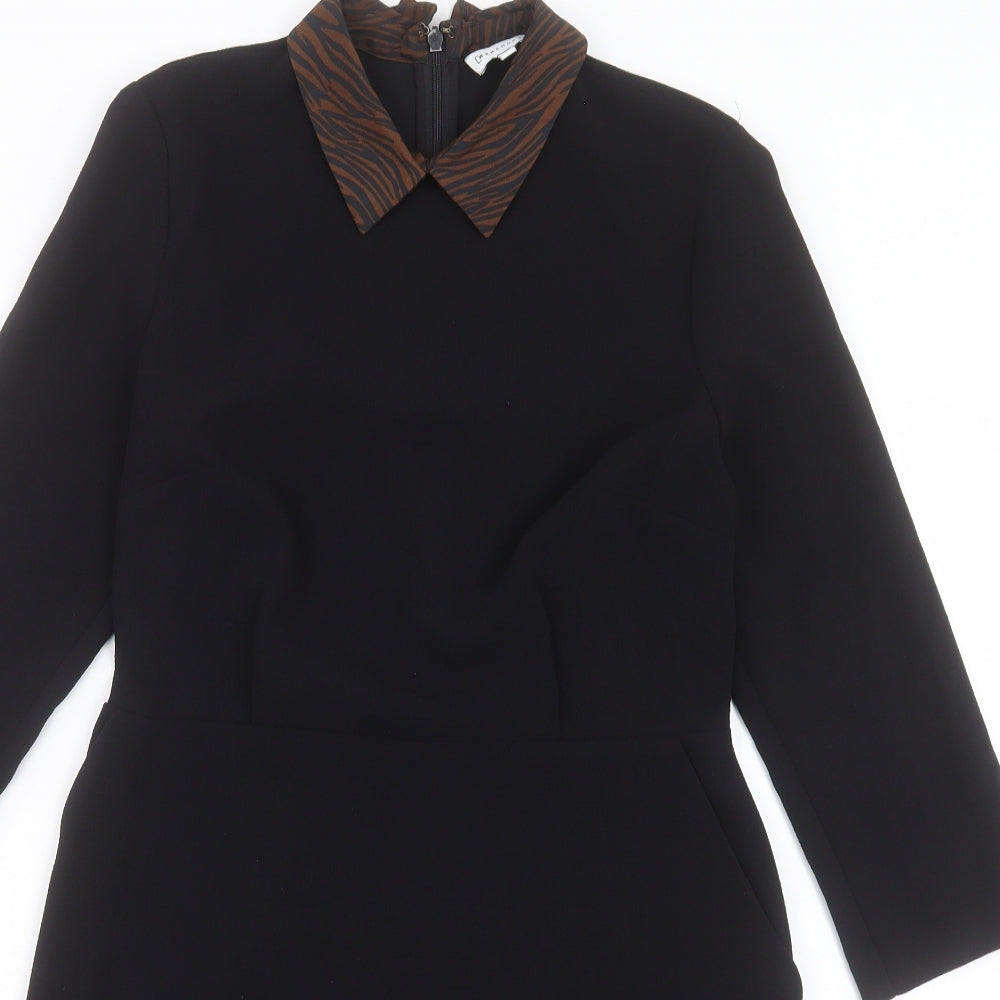 Warehouse Womens Black Animal Print Polyester A-Line Size 10 Collared Zip