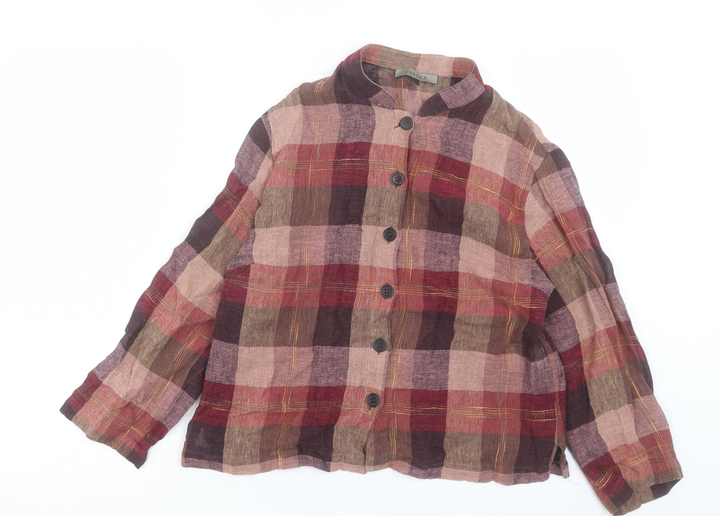 Jaegar Womens Multicoloured Plaid Linen Basic Button-Up Size 8 Crew Neck