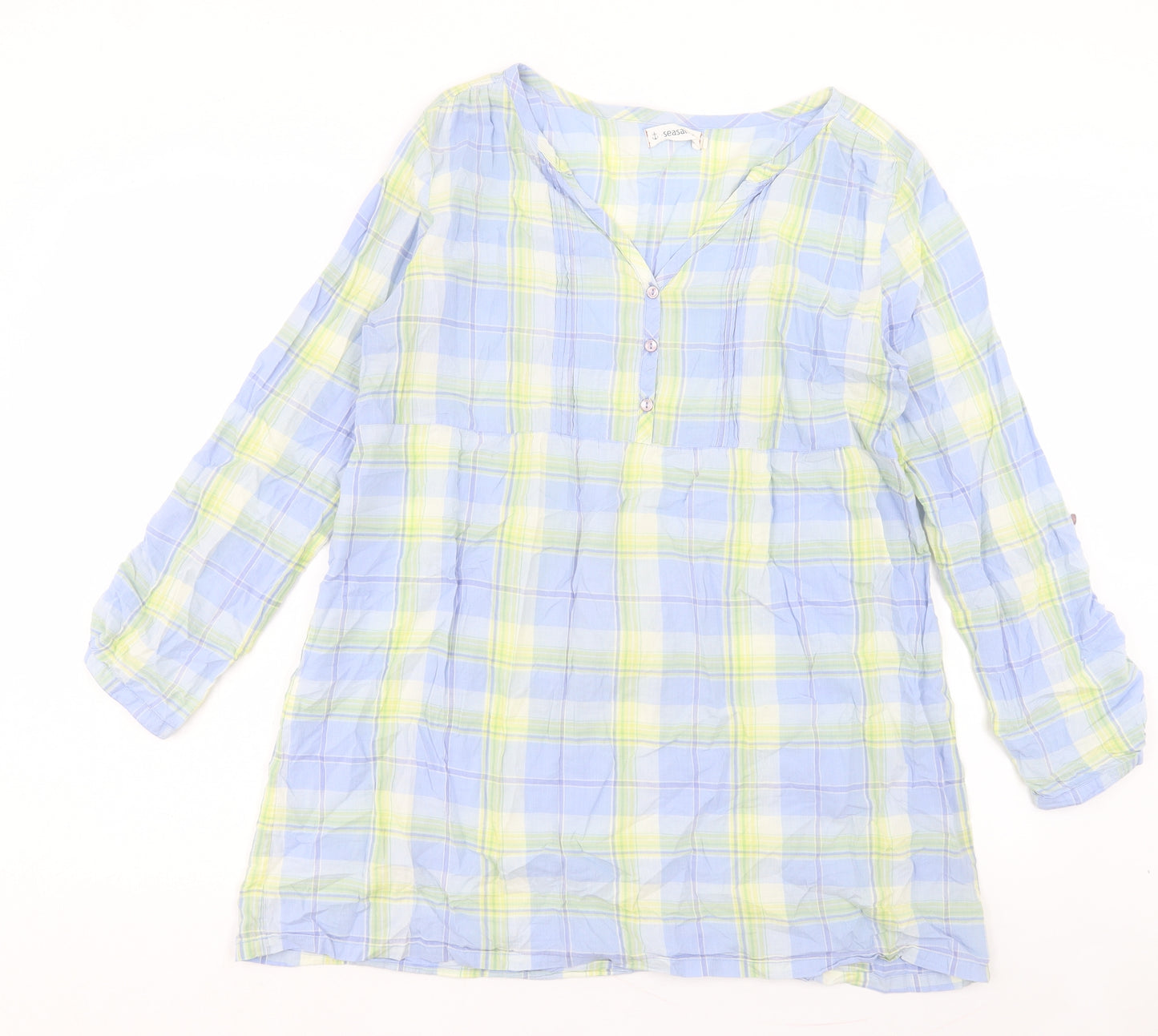 Seasalt Womens Blue Plaid Cotton A-Line Size 16 V-Neck Button