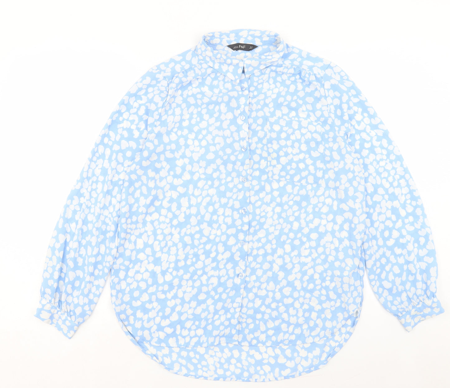 F&F Womens Blue Geometric Polyester Basic Button-Up Size 14 Collared - Pocket Detail