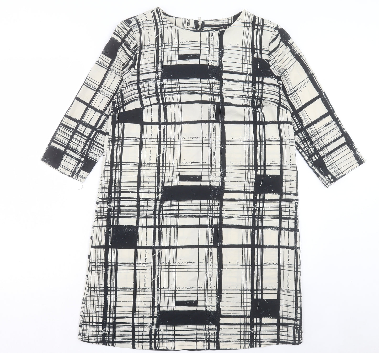 River Island Womens Beige Plaid Polyester A-Line Size 10 Crew Neck Zip