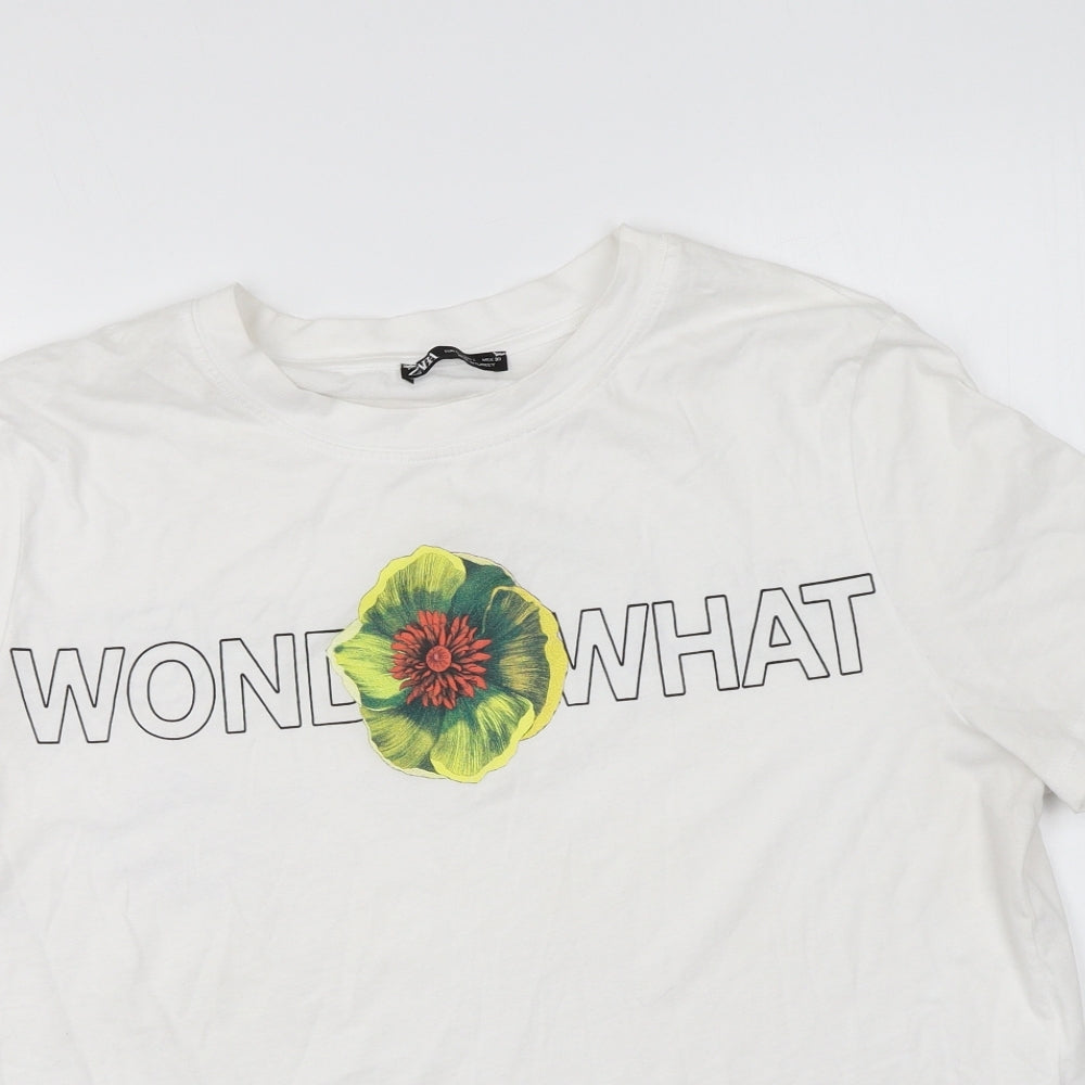 Zara Womens White Cotton Basic T-Shirt Size L Round Neck - Wonder What