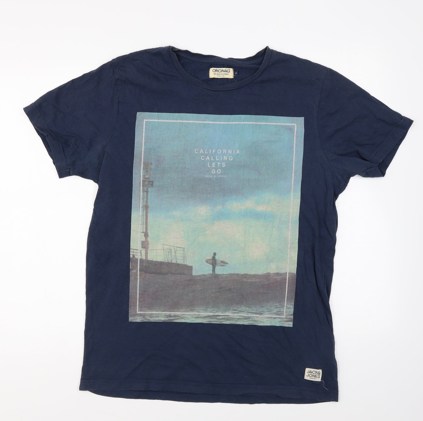 JACK & JONES Mens Blue Cotton T-Shirt Size L Round Neck - California Calling Lets Go