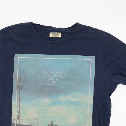JACK & JONES Mens Blue Cotton T-Shirt Size L Round Neck - California Calling Lets Go