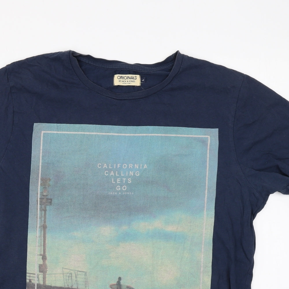 JACK & JONES Mens Blue Cotton T-Shirt Size L Round Neck - California Calling Lets Go