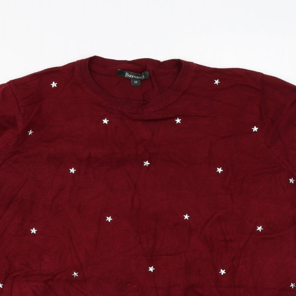 Bonmarché Womens Red Round Neck Viscose Pullover Jumper Size 22 - Stars