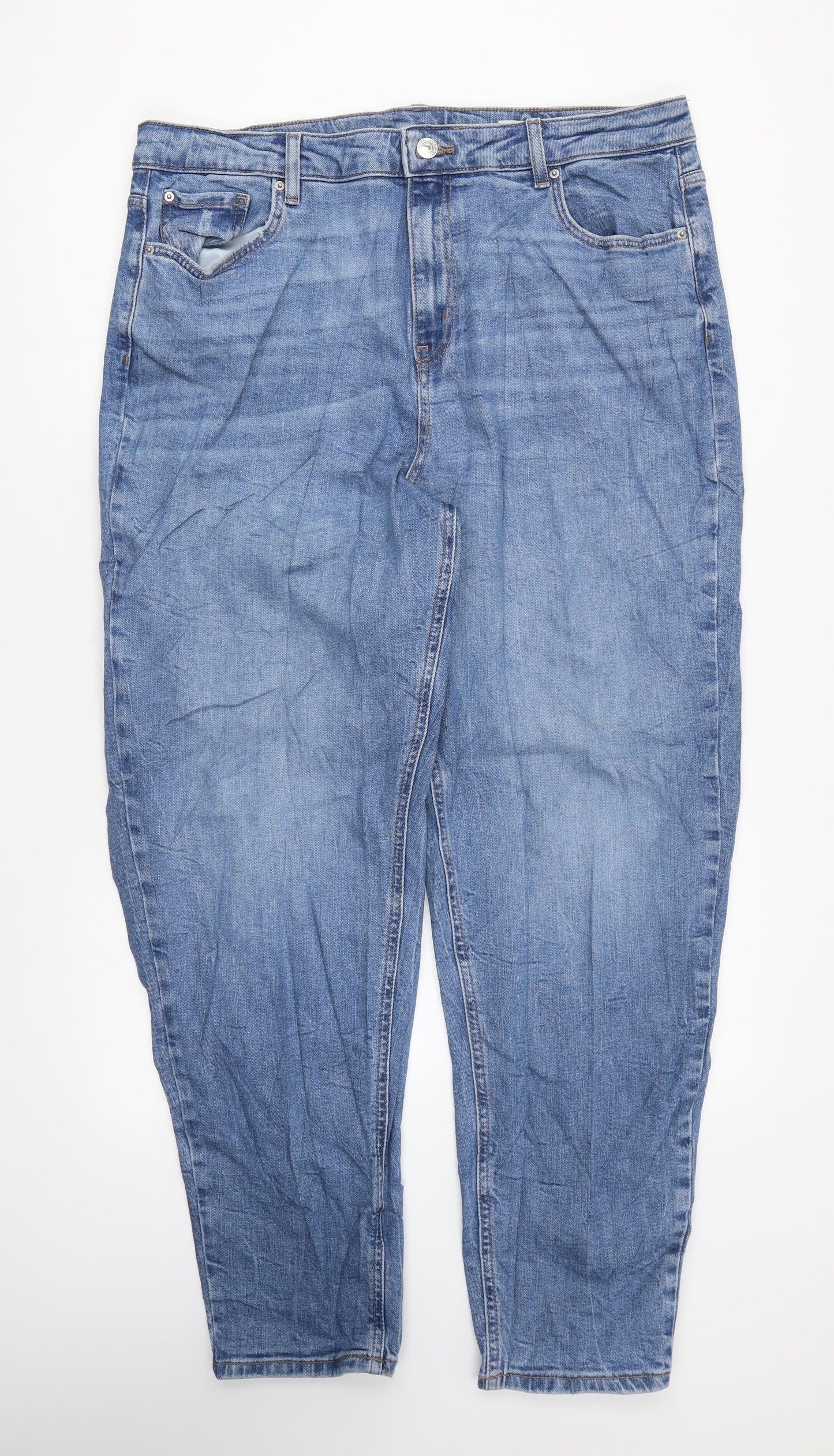 Marks and Spencer Womens Blue Cotton Mom Jeans Size 18 L29 in Regular Zip