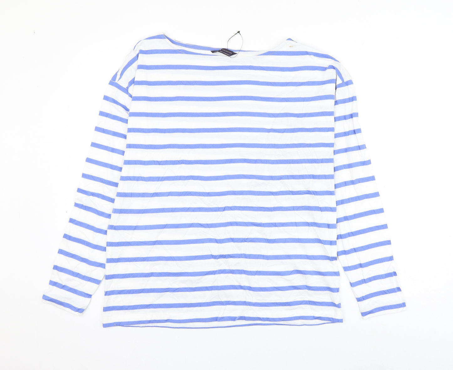 Marks and Spencer Womens White Striped Cotton Basic T-Shirt Size 12 Round Neck