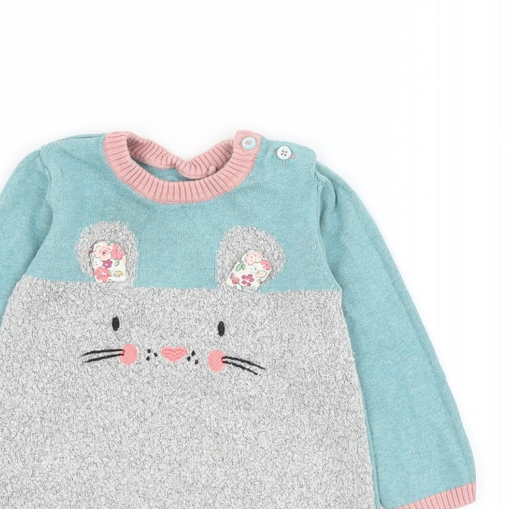 TU Girls Blue Cotton Pullover Jumper Size 9-12 Months Button - Mouse