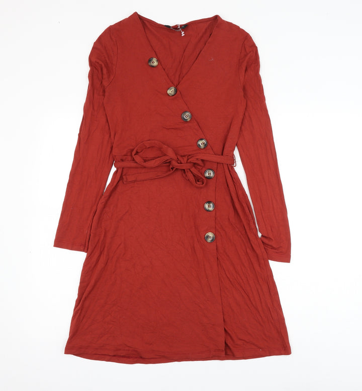 F&F Womens Red Viscose A-Line Size 8 V-Neck Pullover