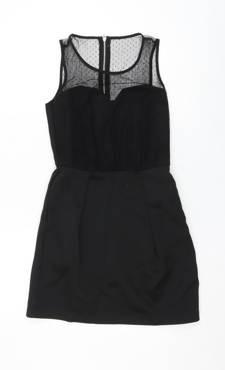 New Look Womens Black Polka Dot Polyester A-Line Size 10 Round Neck Zip
