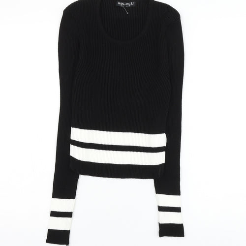 Select Womens Black Round Neck Striped Acrylic Pullover Jumper Size 8 - Cropped