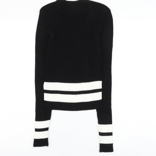 Select Womens Black Round Neck Striped Acrylic Pullover Jumper Size 8 - Cropped