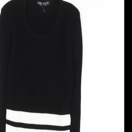 Select Womens Black Round Neck Striped Acrylic Pullover Jumper Size 8 - Cropped