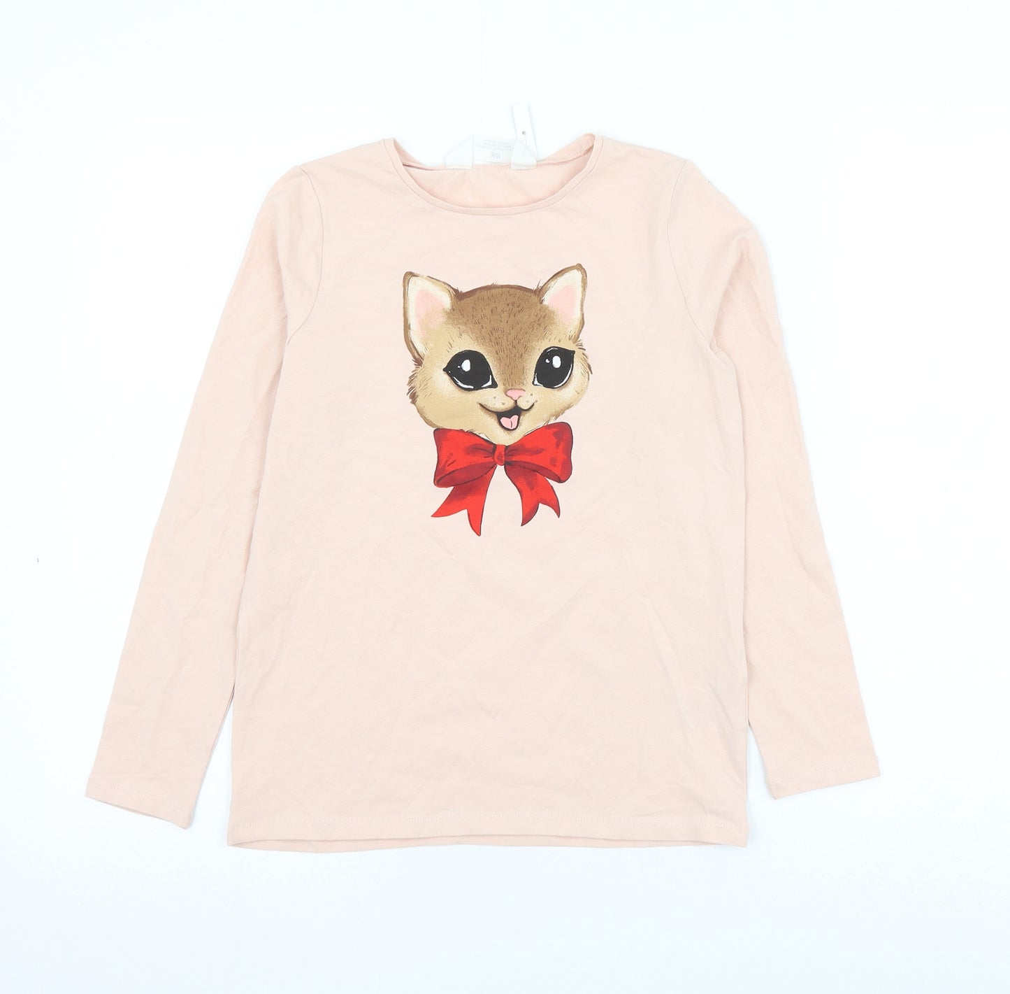H&M Girls Pink Cotton Basic T-Shirt Size 8-9 Years Round Neck Pullover - Cat