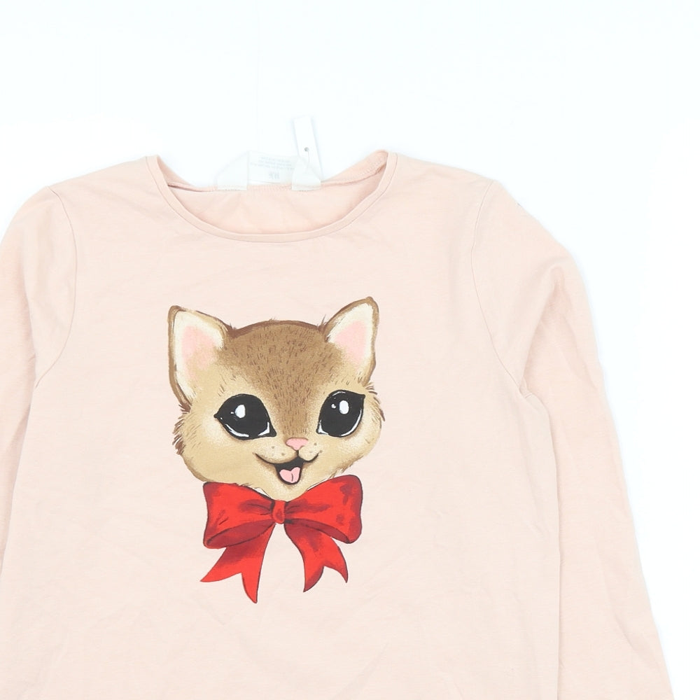 H&M Girls Pink Cotton Basic T-Shirt Size 8-9 Years Round Neck Pullover - Cat
