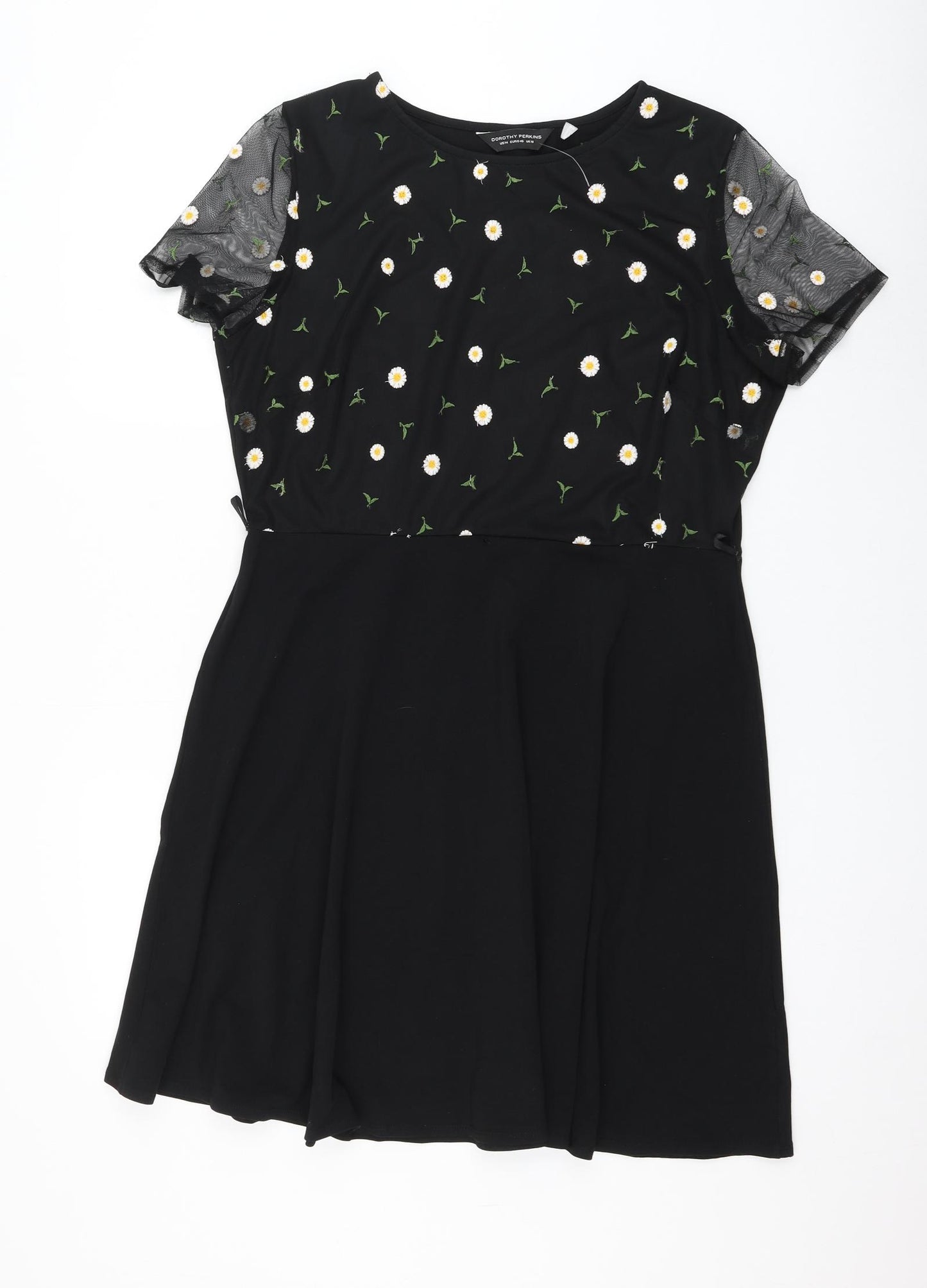 Dorothy Perkins Womens Black Floral Cotton Skater Dress Size 18 Round Neck Pullover - Mesh