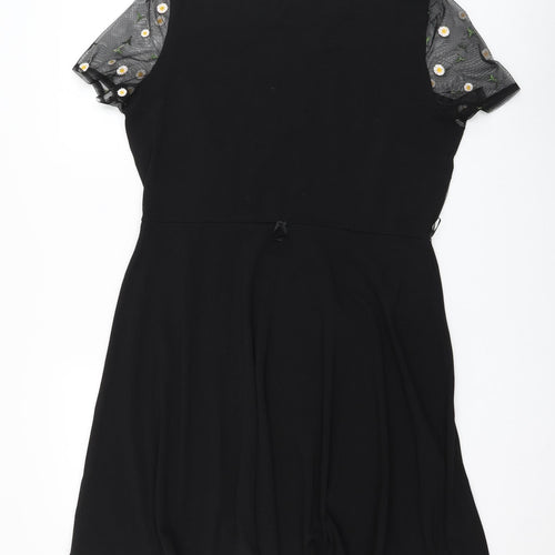 Dorothy Perkins Womens Black Floral Cotton Skater Dress Size 18 Round Neck Pullover - Mesh