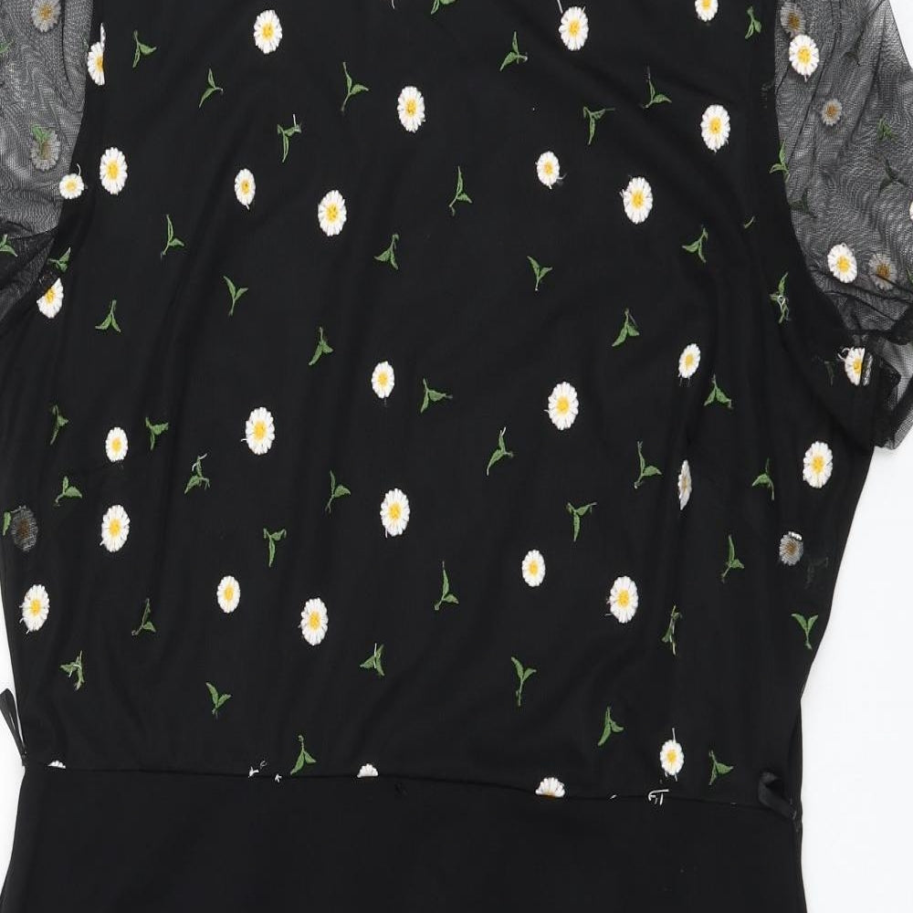 Dorothy Perkins Womens Black Floral Cotton Skater Dress Size 18 Round Neck Pullover - Mesh