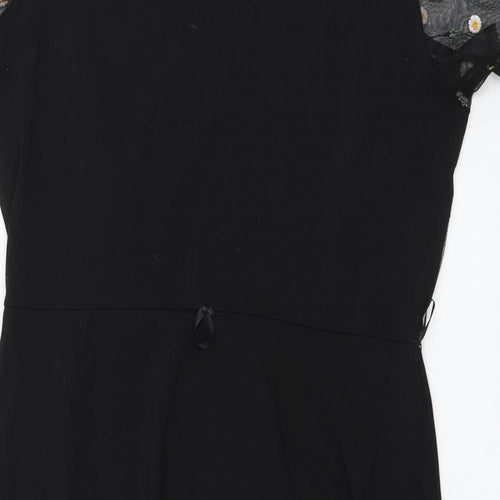 Dorothy Perkins Womens Black Floral Cotton Skater Dress Size 18 Round Neck Pullover - Mesh