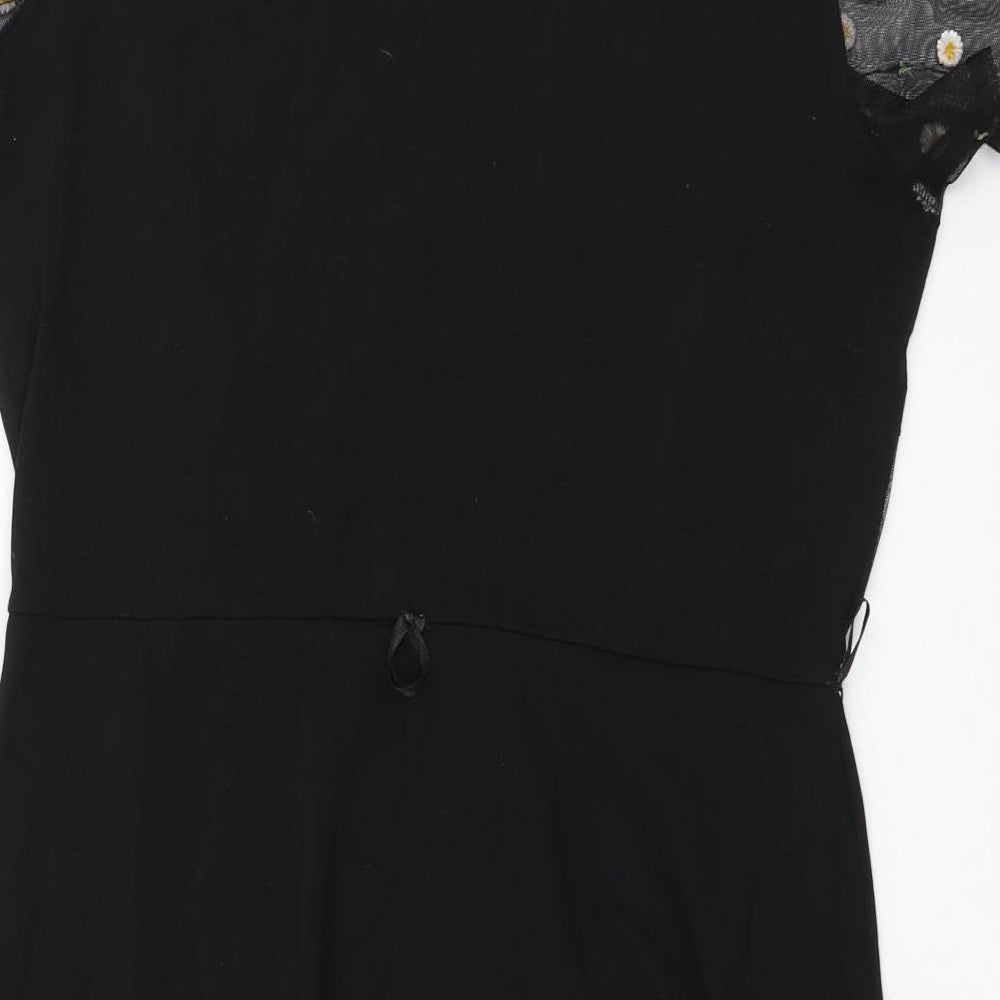 Dorothy Perkins Womens Black Floral Cotton Skater Dress Size 18 Round Neck Pullover - Mesh