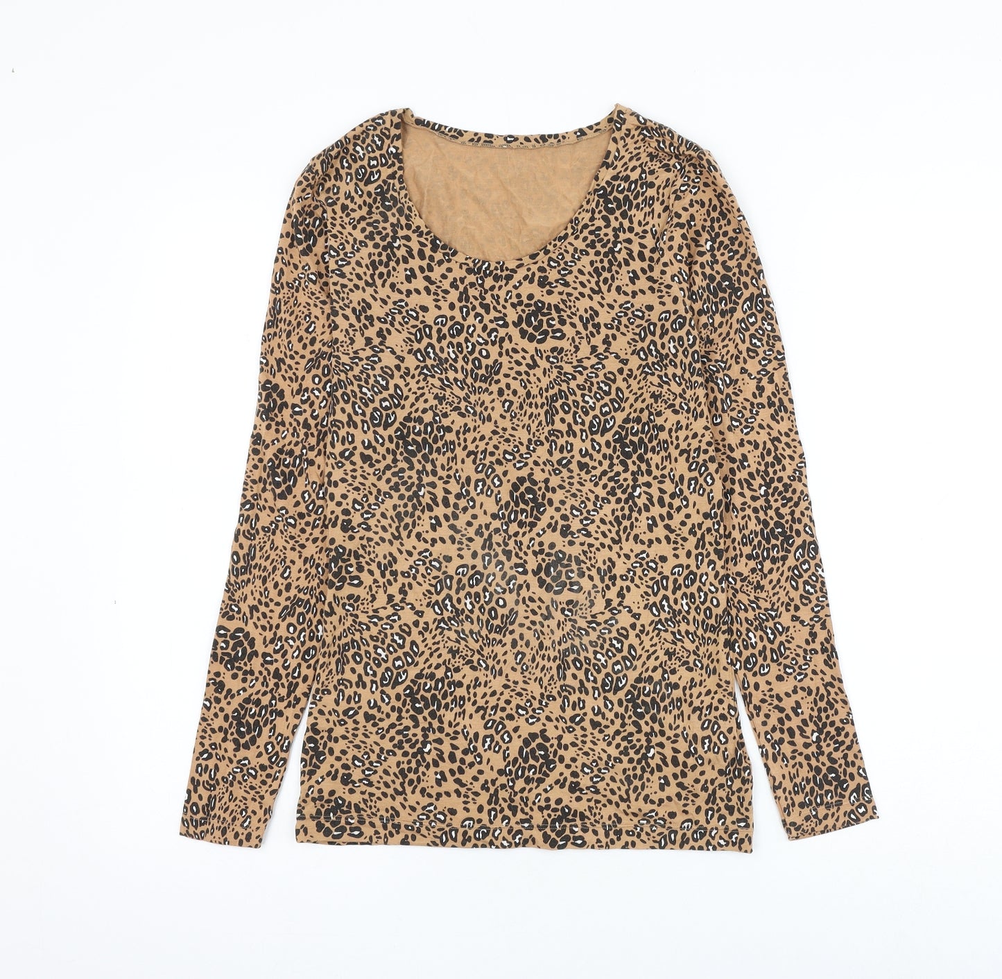 Marks and Spencer Womens Brown Animal Print Acrylic Basic T-Shirt Size 14 Scoop Neck - Leopard Print
