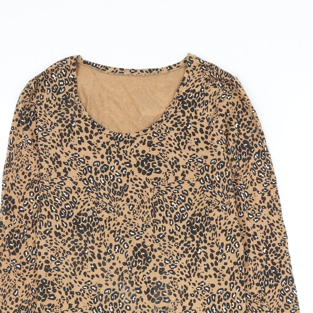 Marks and Spencer Womens Brown Animal Print Acrylic Basic T-Shirt Size 14 Scoop Neck - Leopard Print