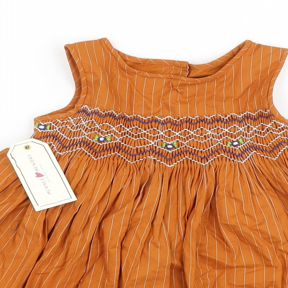 Minnie Minors Girls Brown Striped Polyester A-Line Size 9-12 Months Round Neck Button