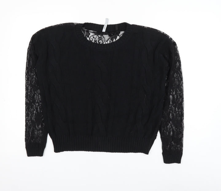 Simply Be Womens Black Round Neck Acrylic Pullover Jumper Size 12 - Lace Sleeve