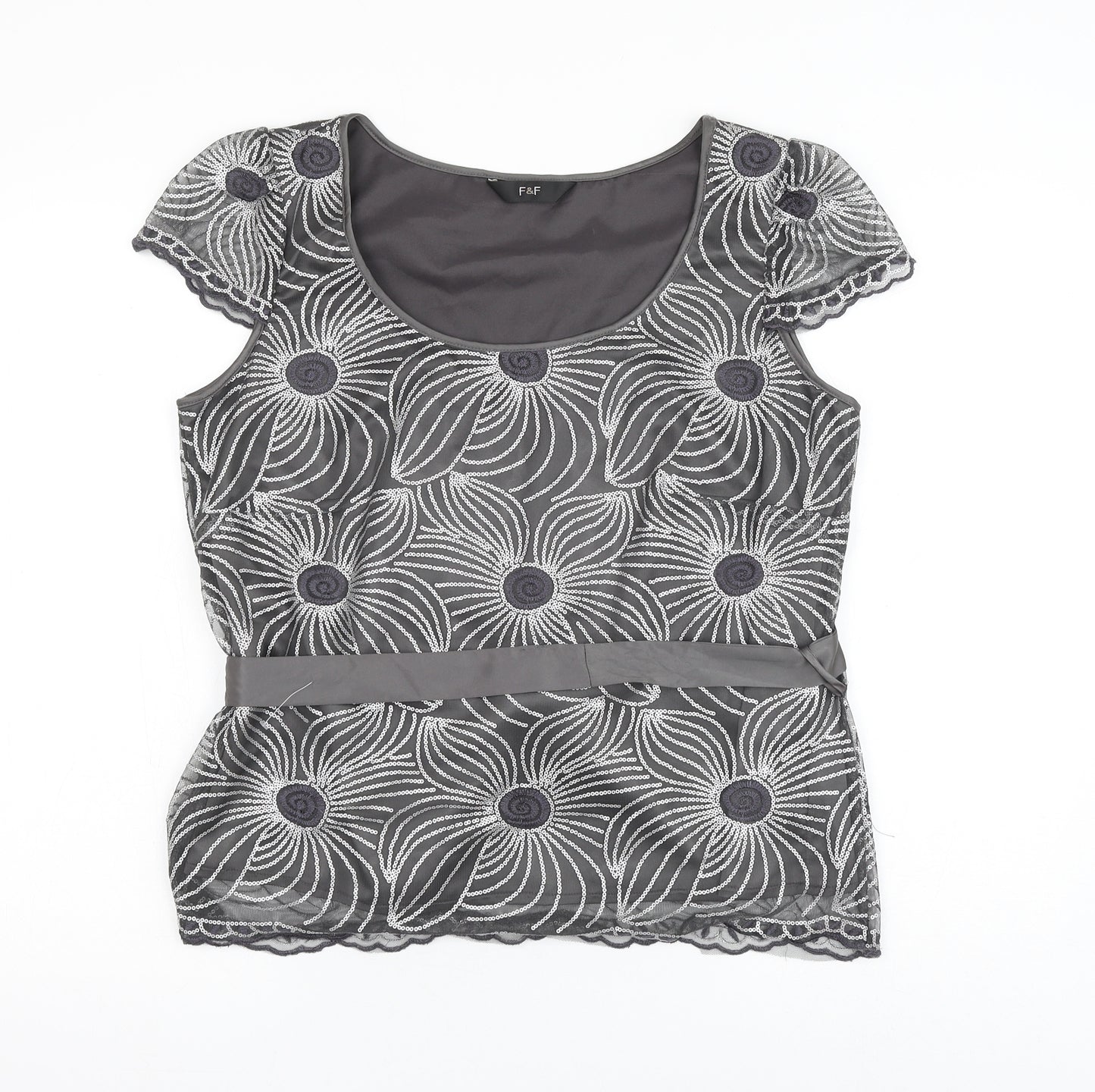 F&F Womens Grey Geometric Polyester Basic Blouse Size 16 Scoop Neck