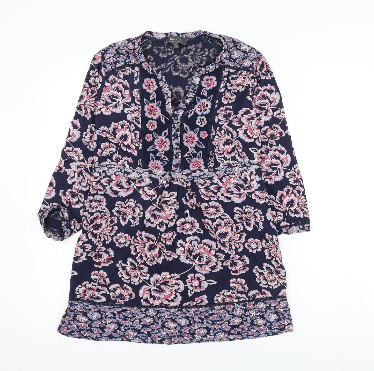 Marks and Spencer Womens Blue Floral Viscose Basic Blouse Size 8 V-Neck