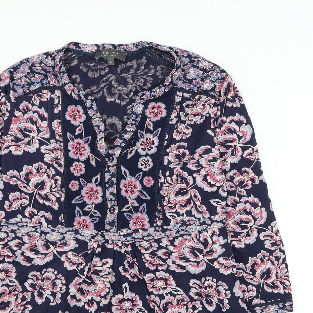 Marks and Spencer Womens Blue Floral Viscose Basic Blouse Size 8 V-Neck