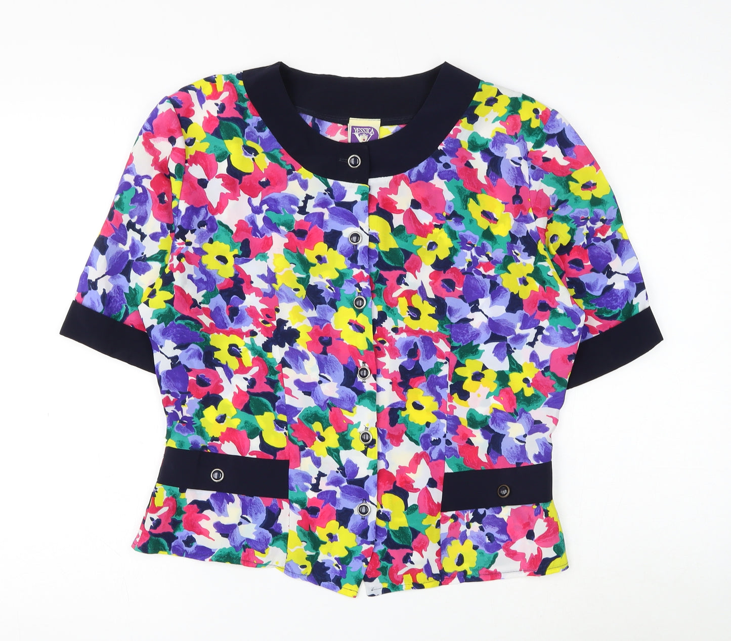 Yessica Womens Multicoloured Floral Polyester Basic Button-Up Size 12 Round Neck