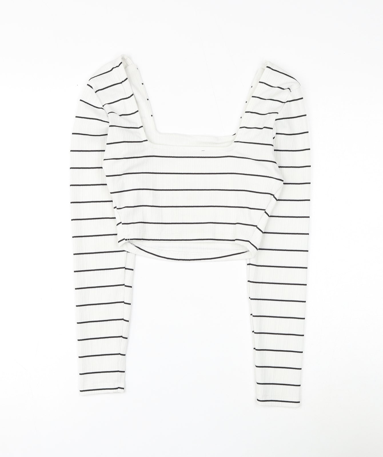 Primark Womens White Striped Polyester Cropped Blouse Size 4 Square Neck