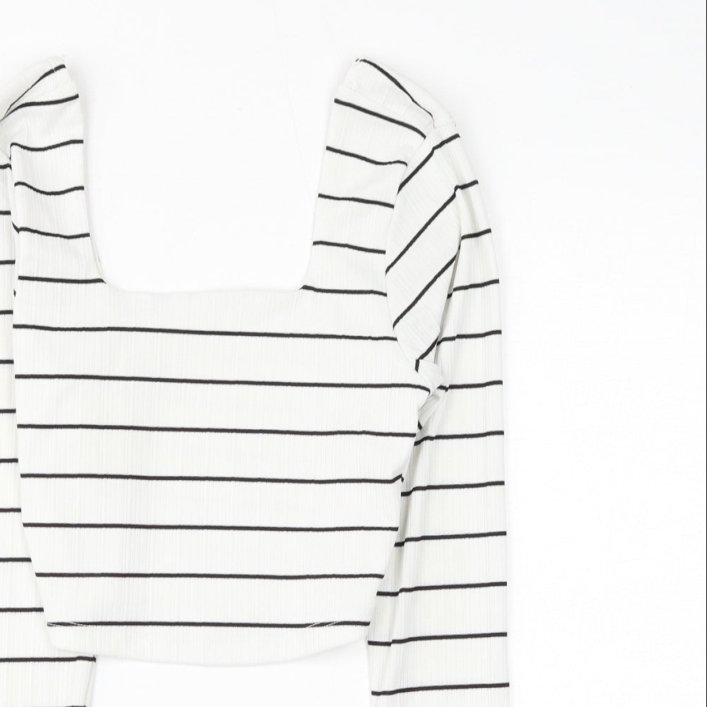 Primark Womens White Striped Polyester Cropped Blouse Size 4 Square Neck