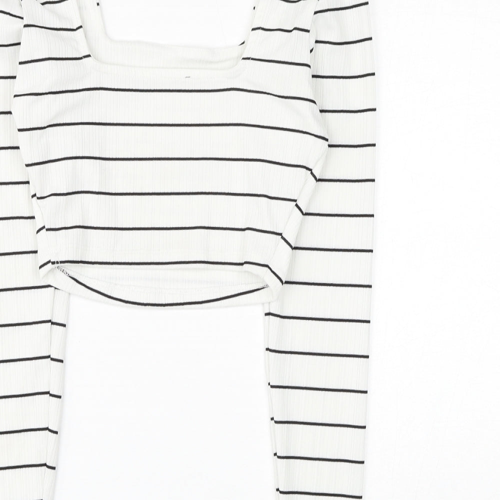 Primark Womens White Striped Polyester Cropped Blouse Size 4 Square Neck