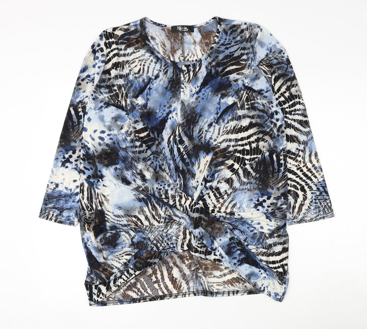 Nicole Womens Blue Geometric Polyester Basic Blouse Size M Round Neck - Knot Front