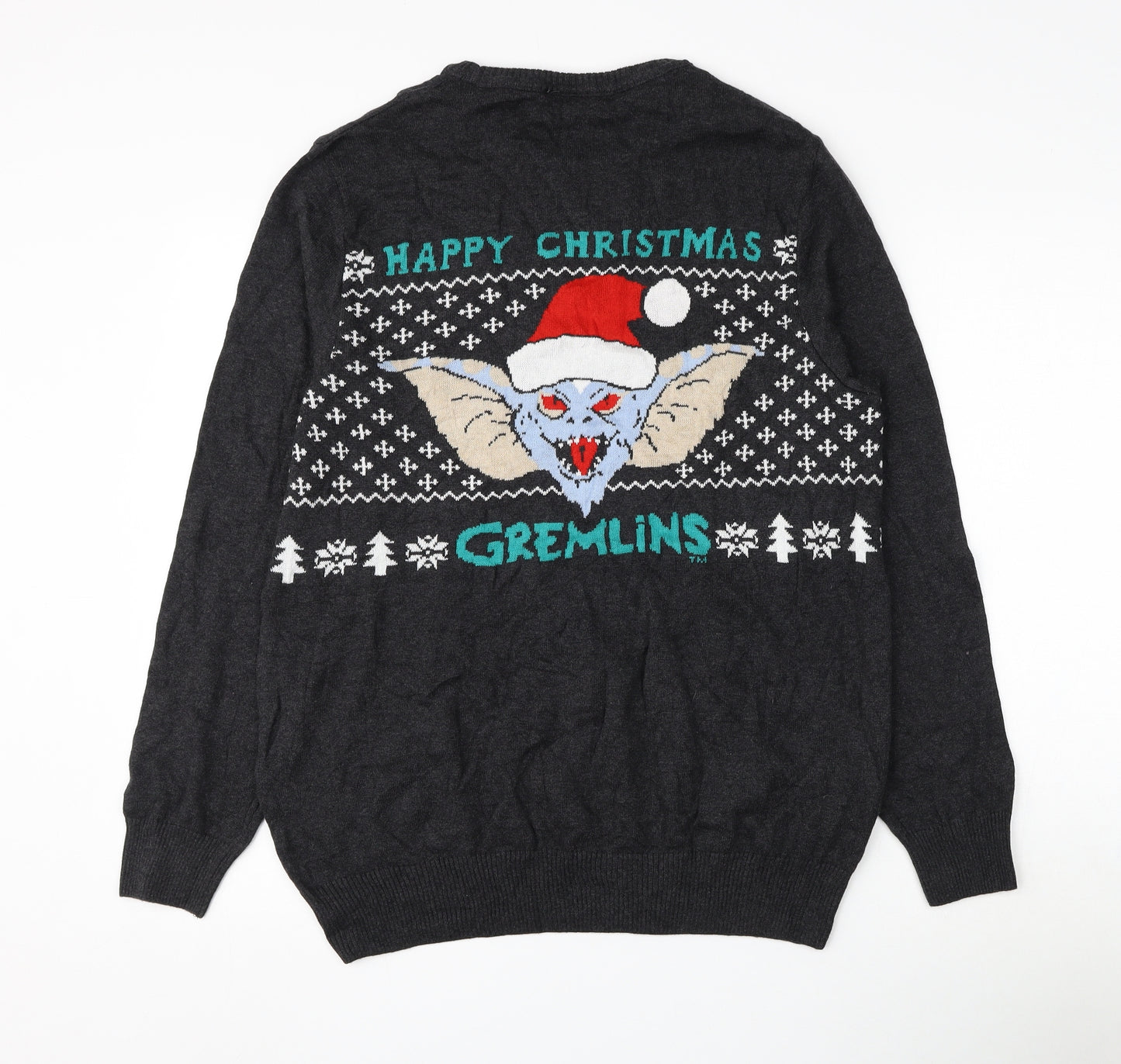 George Mens Grey Round Neck Cotton Pullover Jumper Size S - Gremlins Christmas