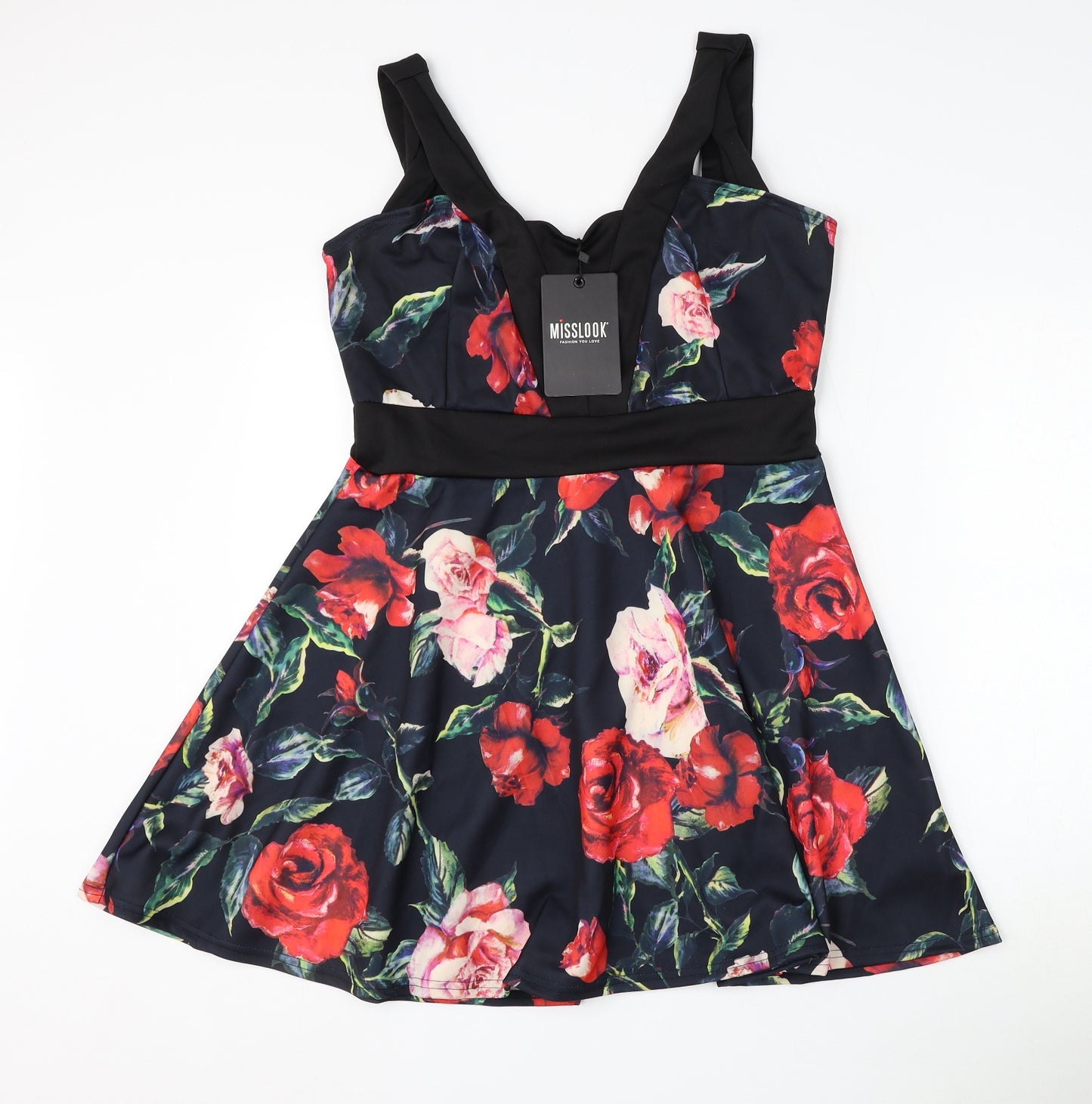 MissLook Womens Multicoloured Floral Polyester Skater Dress Size 14 V-Neck Pullover