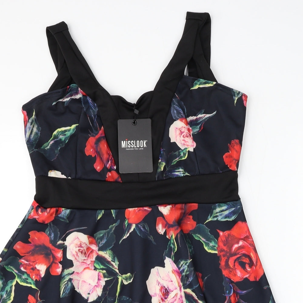 MissLook Womens Multicoloured Floral Polyester Skater Dress Size 14 V-Neck Pullover
