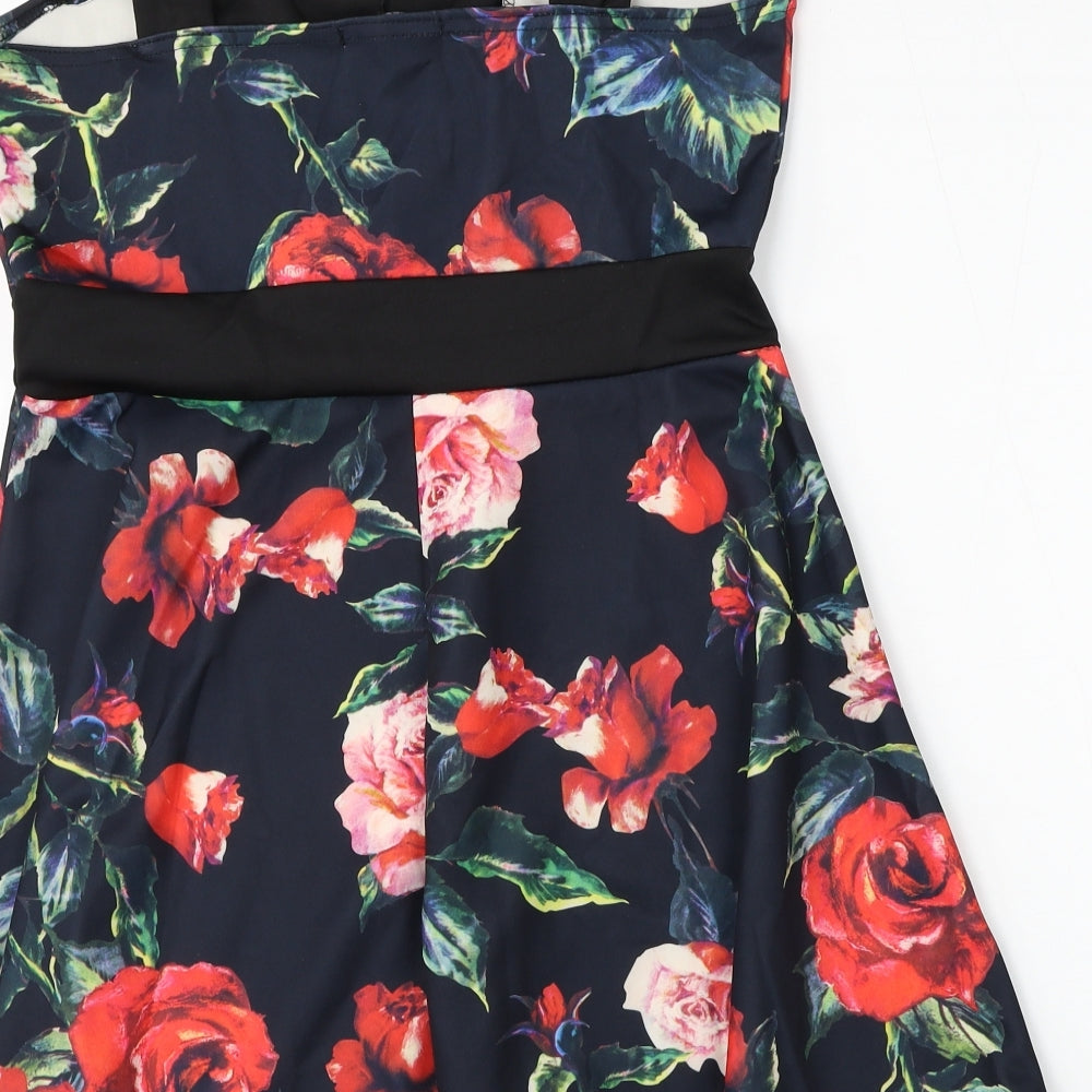 MissLook Womens Multicoloured Floral Polyester Skater Dress Size 14 V-Neck Pullover