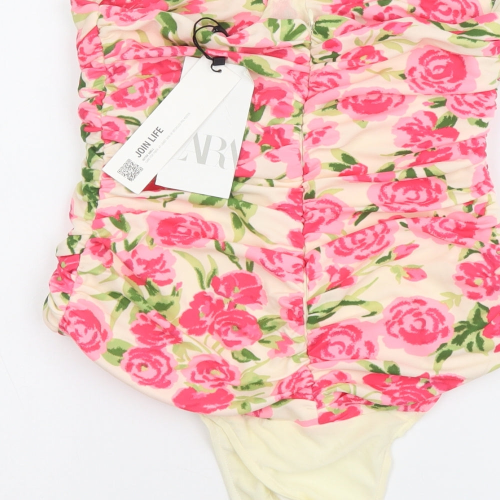 Zara Womens Multicoloured Floral Polyester Bodysuit One-Piece Size M Snap