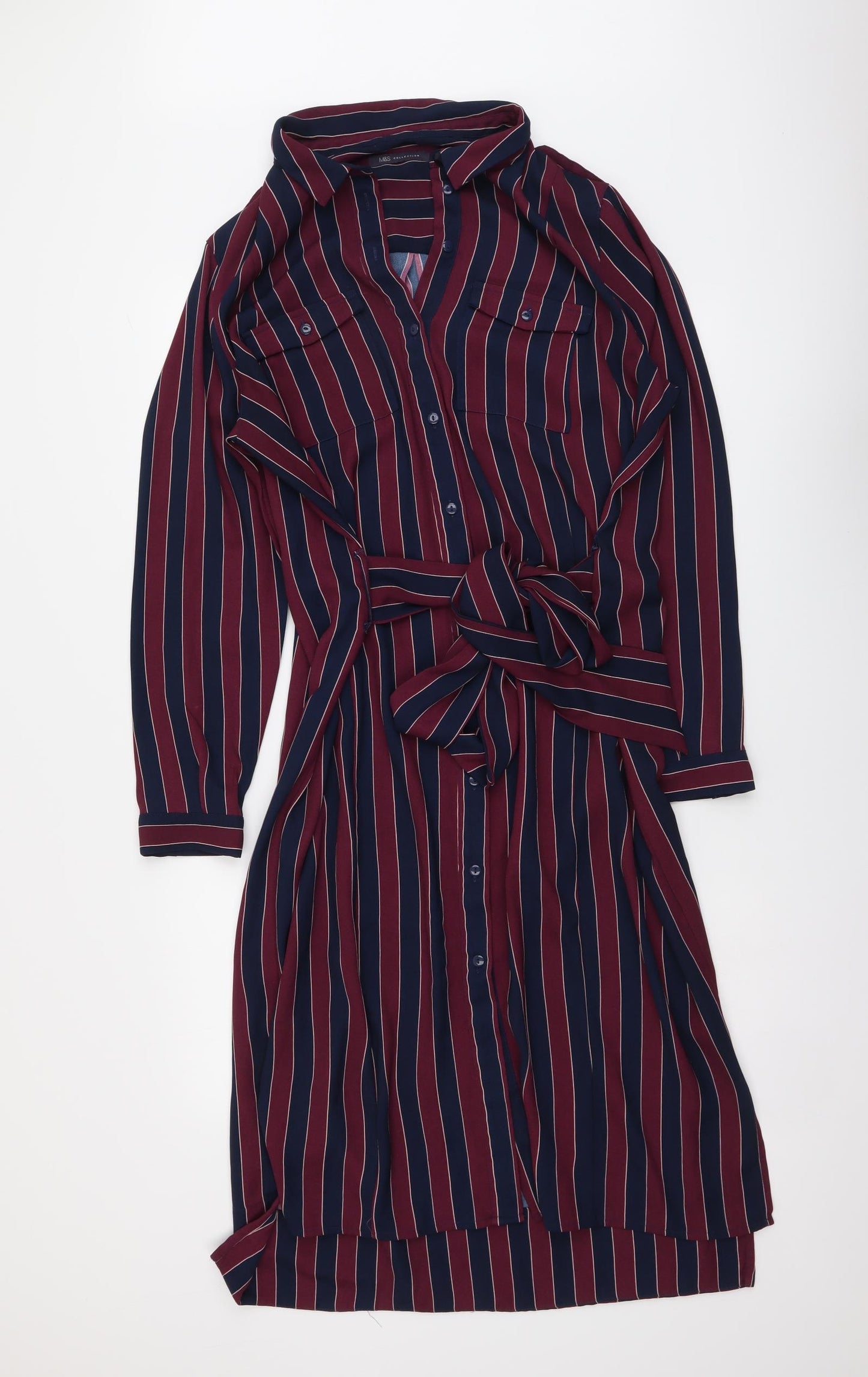 Marks and Spencer Womens Purple Striped Polyester Shirt Dress Size 16 Collared Button