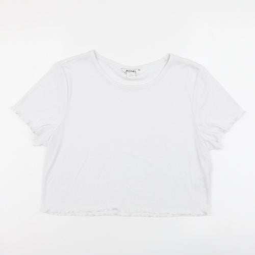 Monki Womens White Polyester Cropped T-Shirt Size L Round Neck - Ribbed