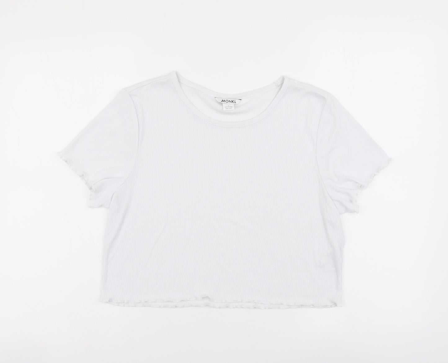 Monki Womens White Polyester Cropped T-Shirt Size L Round Neck - Ribbed