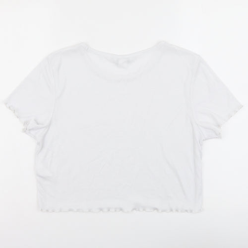 Monki Womens White Polyester Cropped T-Shirt Size L Round Neck - Ribbed