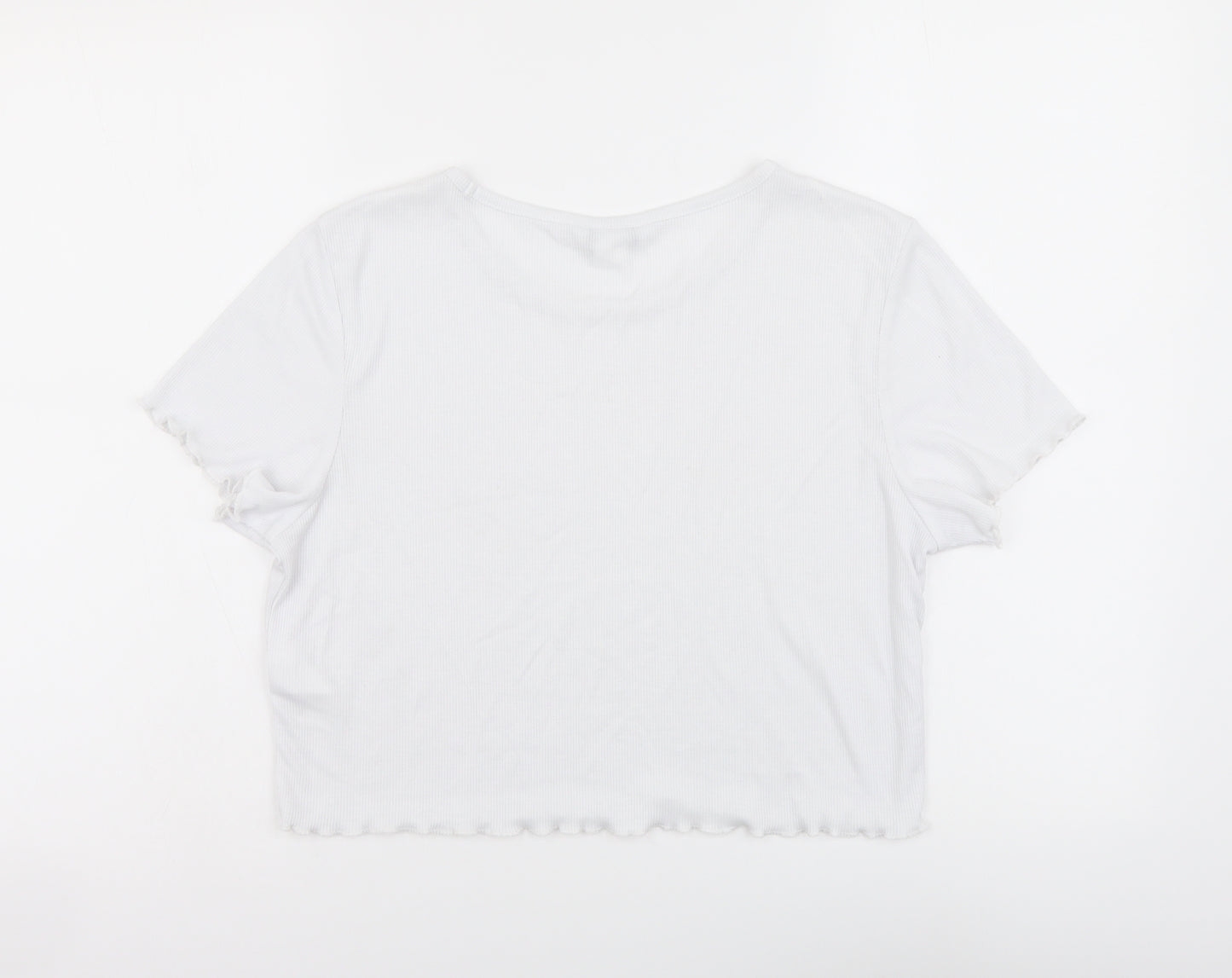 Monki Womens White Polyester Cropped T-Shirt Size L Round Neck - Ribbed