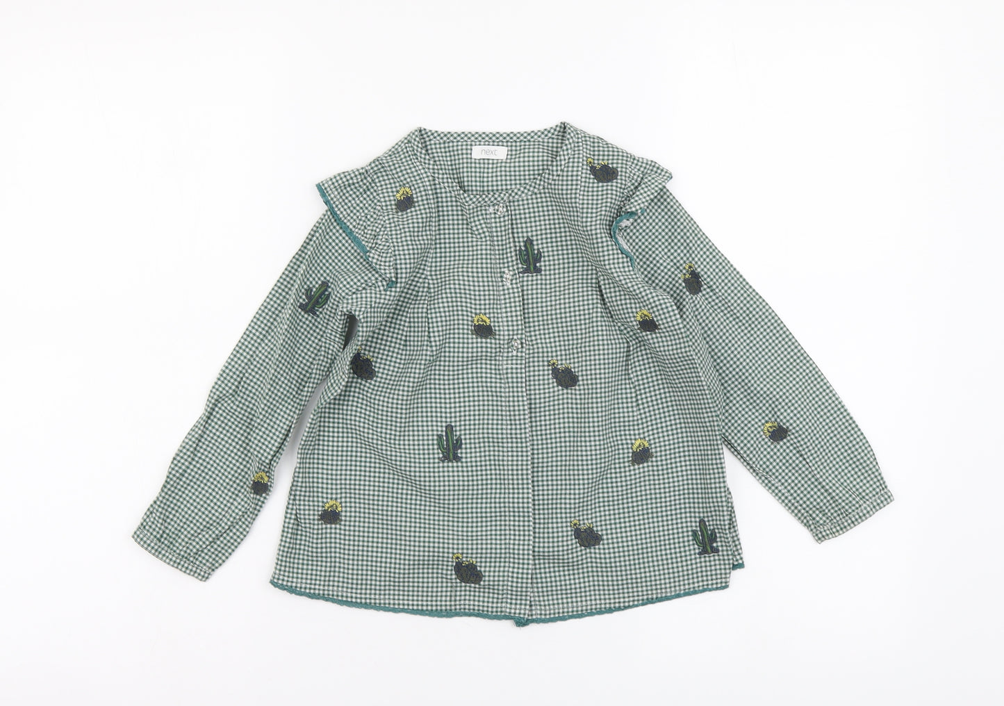 NEXT Girls Green Check Cotton Basic Button-Up Size 3-4 Years Round Neck Button