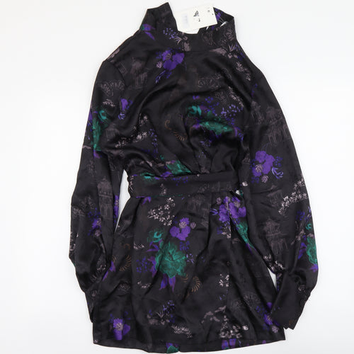 Zara Womens Black Floral Polyester Shirt Dress Size M Collared Button