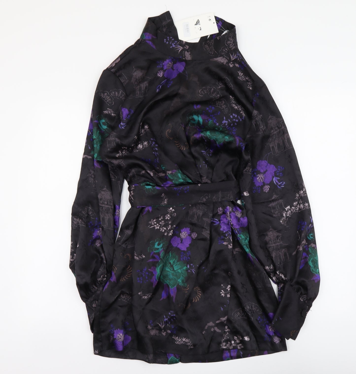 Zara Womens Black Floral Polyester Shirt Dress Size M Collared Button